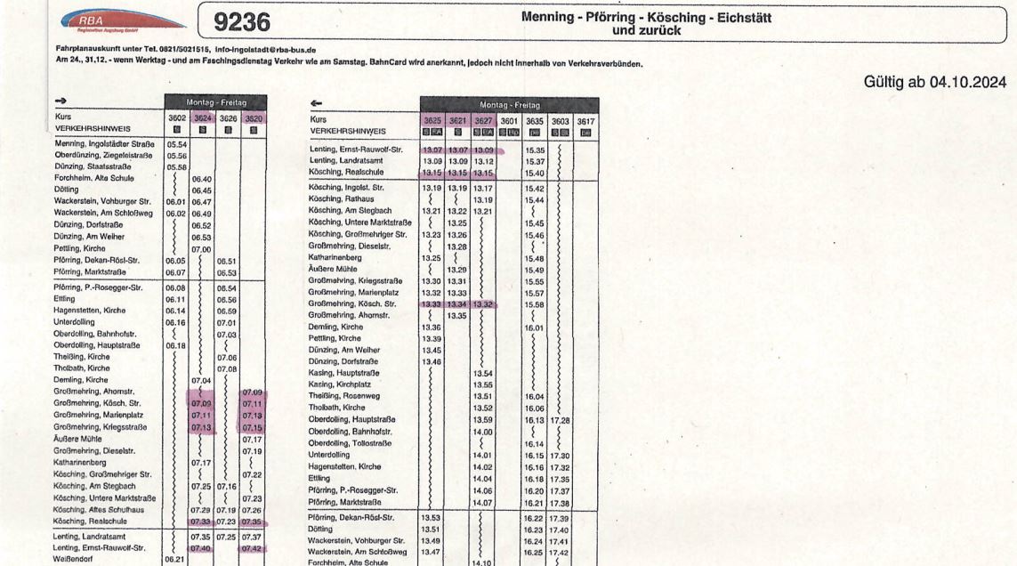 RBA Fahrplan 9236 Großmehring - Kösching - Lenting ab 4.10.24